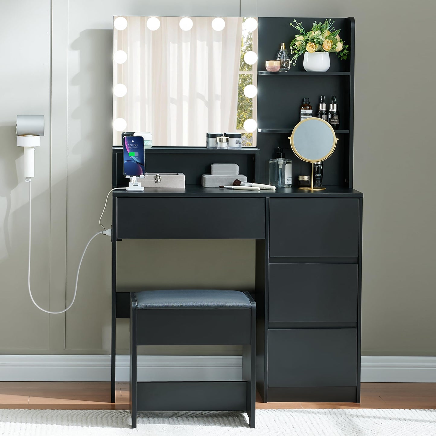Alaxgumrol Black Vanity Desk with Mirror and Lights- Makeup Vanity Table Set with Power Outlet, 4 Drawers and Stool, Small Makeup Table with 3 Lighting Color Adjustable for Bedroom