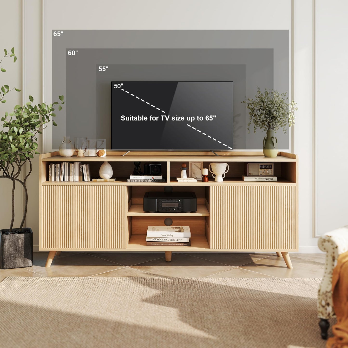 55'' TV Stand for 65 Inch, Fluted Modern TV Stands for Living Room with Sliding Doors and Adjustable Shelf, Entertainment Center with Storage Media TV Console Table for Bedroom (Natural Oak)