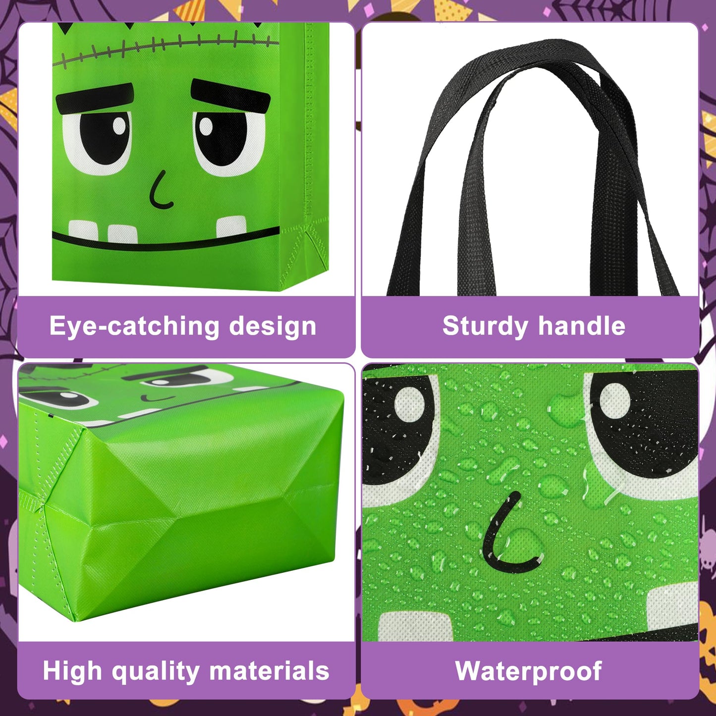 12 PCS Halloween Trick or Treat Bags 10.2 x 8.26 Inch Non-Woven Candy Tote Bag with Handles Reusable Pumpkin Ghost Cat Mummy Zombie Candy Goodie Bags Halloween Party Gift Bag for Halloweens Party Supplies