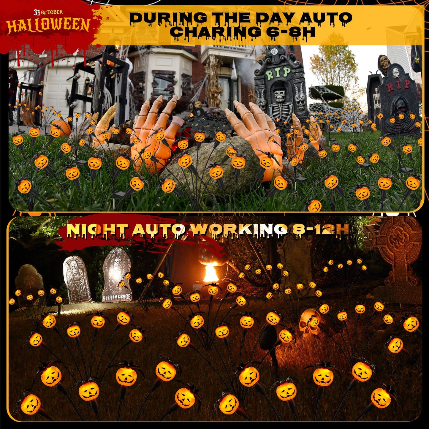 Weepong Halloween Decorations Outdoor 4 Pack Solar Lights, 24 LED Scary Pumpkin Swaying Firefly Lights with Spider & Bats for Outside Garden Yard Lawn Grave Cemetery Ghost Decor Party, Orange