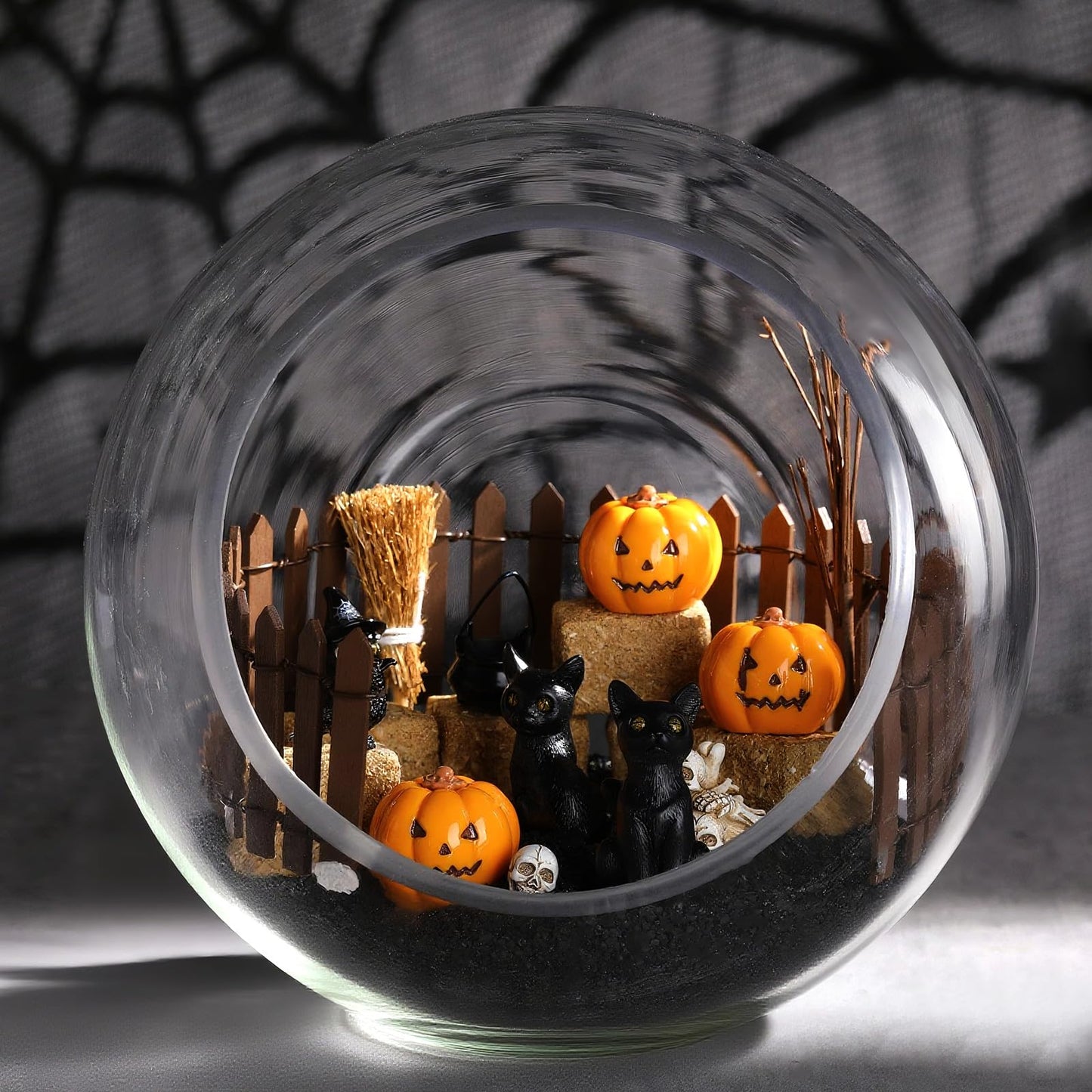 Wesiti 14 Pcs Halloween Village Accessories Set Halloween Miniature Figurines Included Pumpkins, Black Cat, Hay Bales, Witch Pot, Broom and Fence for Hallowmas Dollhouse Tabletop Party Decor