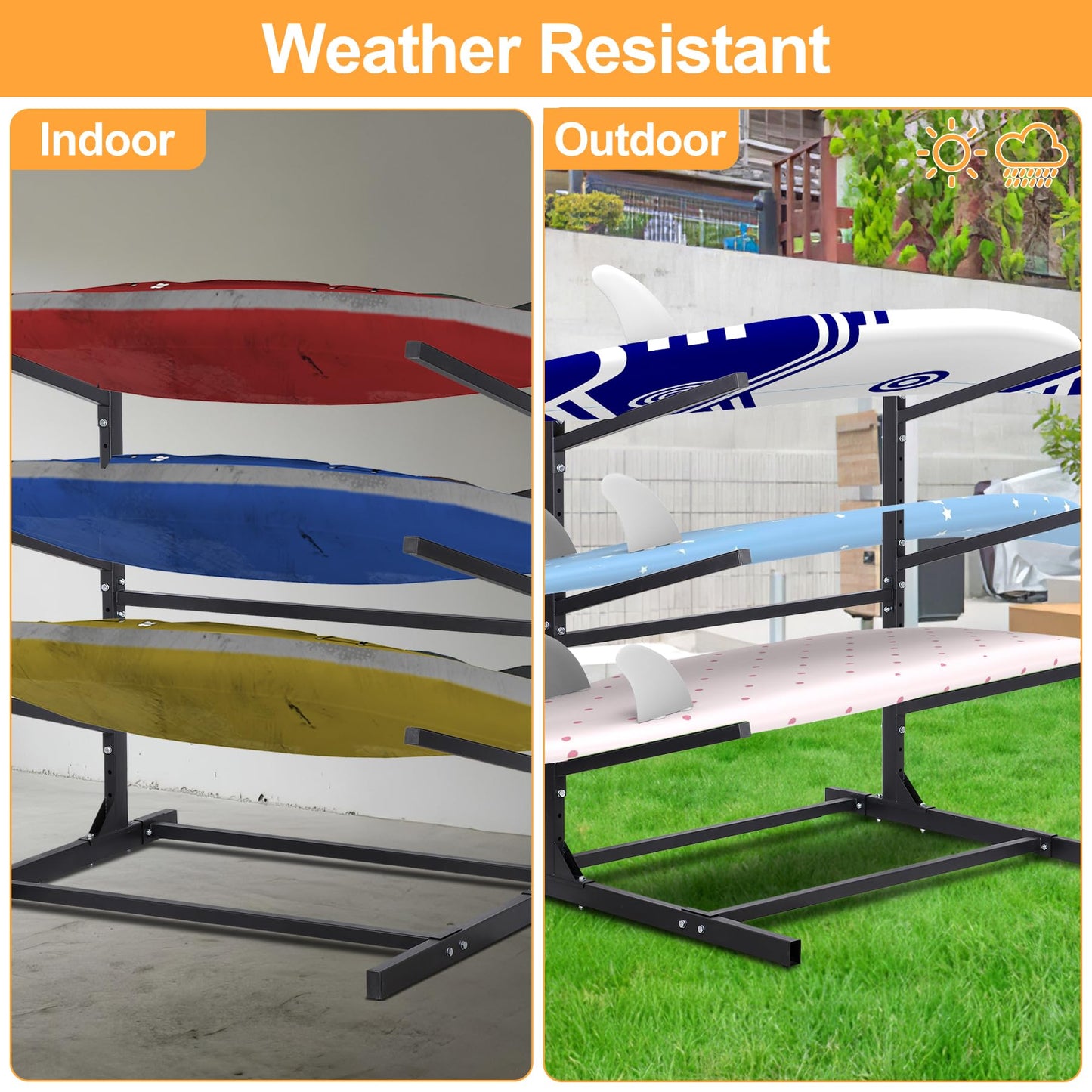 Oxphanor Kayak Storage Rack 3 Levels, Adjustable Freestanding Kayak SUP Stand, Weatherproof and Heavy Duty, Surfboard Stand Rack, Hold up Kayaks, SUPs, Paddleboards, Canoes