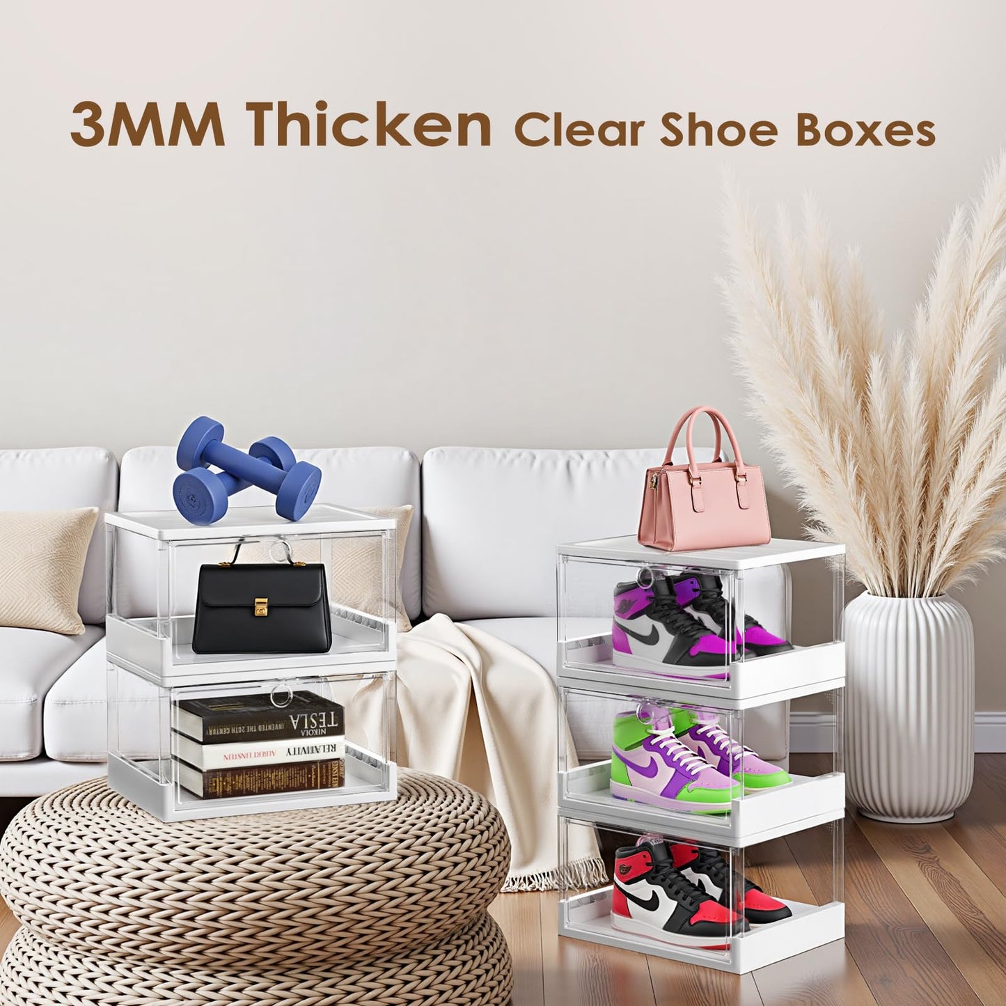 XUPAINC Thicken & Sturdy Clear Shoe Boxes with Magnetic Door, 12 Pack Stackable Boxes for Closet, Sneaker Storage for Sneakerhead, Shoe Display Case, Boots and Hat Organizer, Fits US Size 13