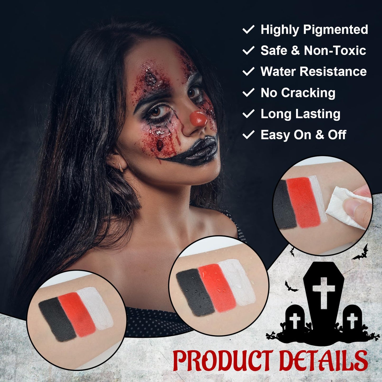 7PCS Halloween SFX Special Effects Makeup Kit, SFX Makeup Kit Include 3 Colors Clown Makeups Face Body Paint, Scar Wax,Fake Blood,Spatula,Brush,2PCS Stipple Sponges for Halloween Cosplay Costume Party