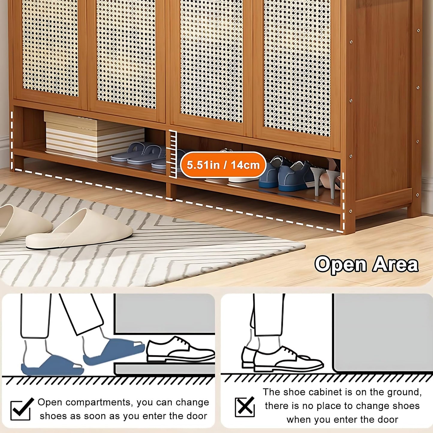 8 Tier Bamboo Shoe Cabinet, Shoe Storage Cabinet with Doors, 40 Pairs Shoe Organizer with Shelves, Freestanding Shoe Rack for Entryway, Hallway, Closet Living Room (Brown-)
