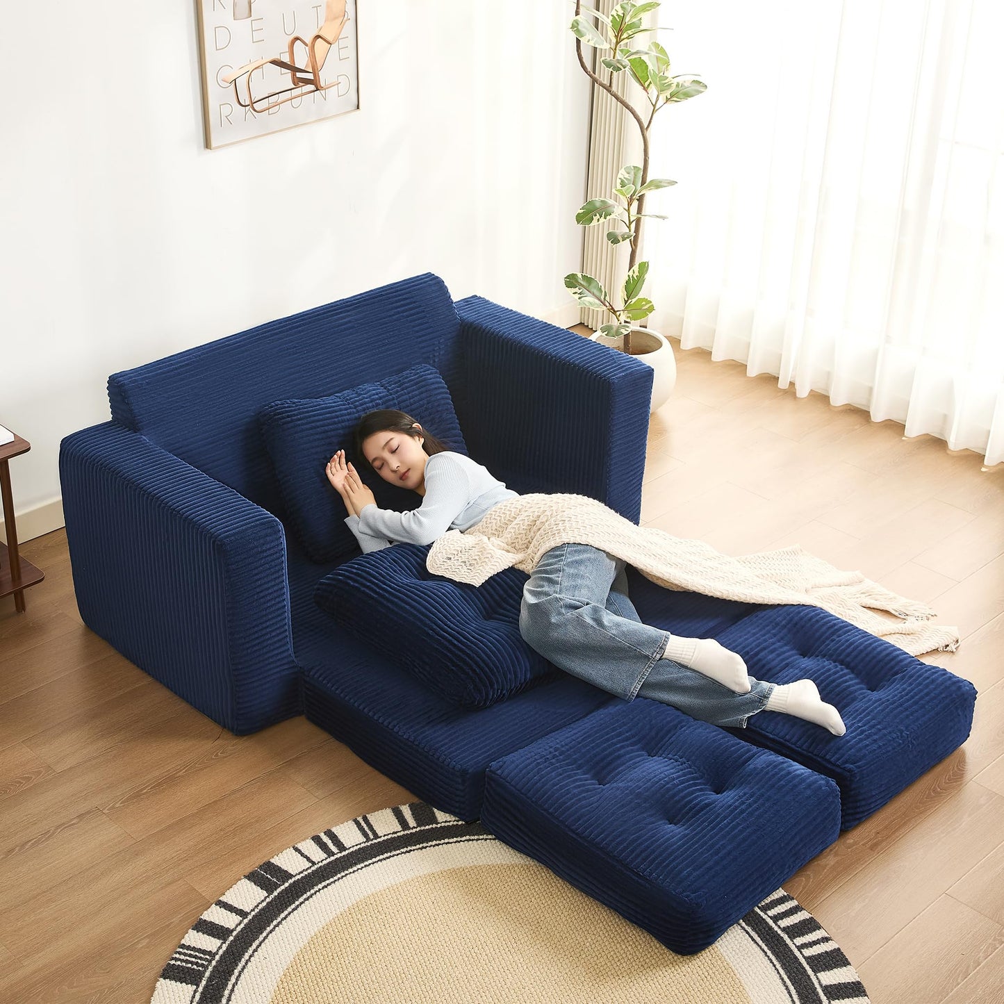 Afuson 61" Convertible Sofa Bed, Pull Out Loveseat Sleeper Sofa, 3 in 1 Folding Futon Bed, Fold Out Floor Bed Sofa with Pillows for Living Room Bedroom Lounge Guest Room, Corduroy, Blue