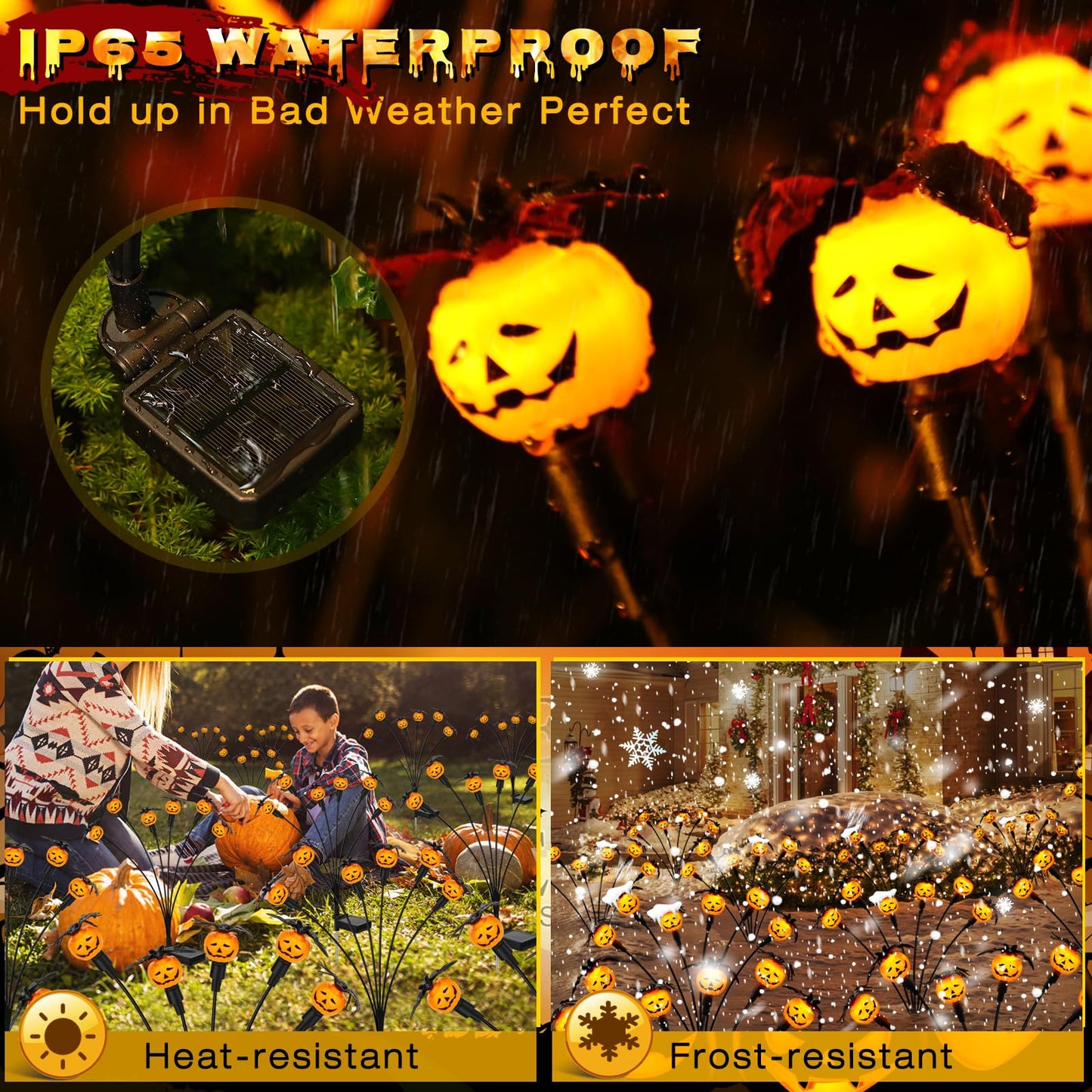 Weepong Halloween Decorations Outdoor 4 Pack Solar Lights, 24 LED Scary Pumpkin Swaying Firefly Lights with Spider & Bats for Outside Garden Yard Lawn Grave Cemetery Ghost Decor Party, Orange