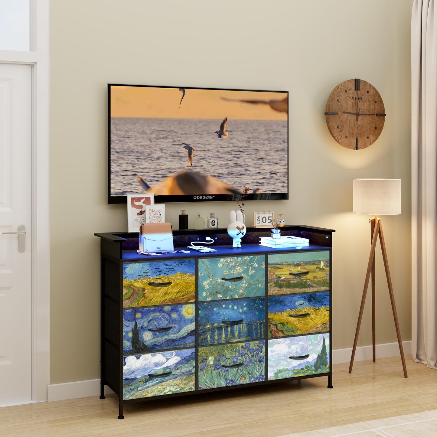 Welfuturer Dresser for Bedroom with 9 Drawers Van Gogh Dressers & Chest of Drawers Fabric Clothes Drawer Fabric Closet Organizer for Living Room Entryway Closet Nursery Sturdy Steel Frame Wood Top