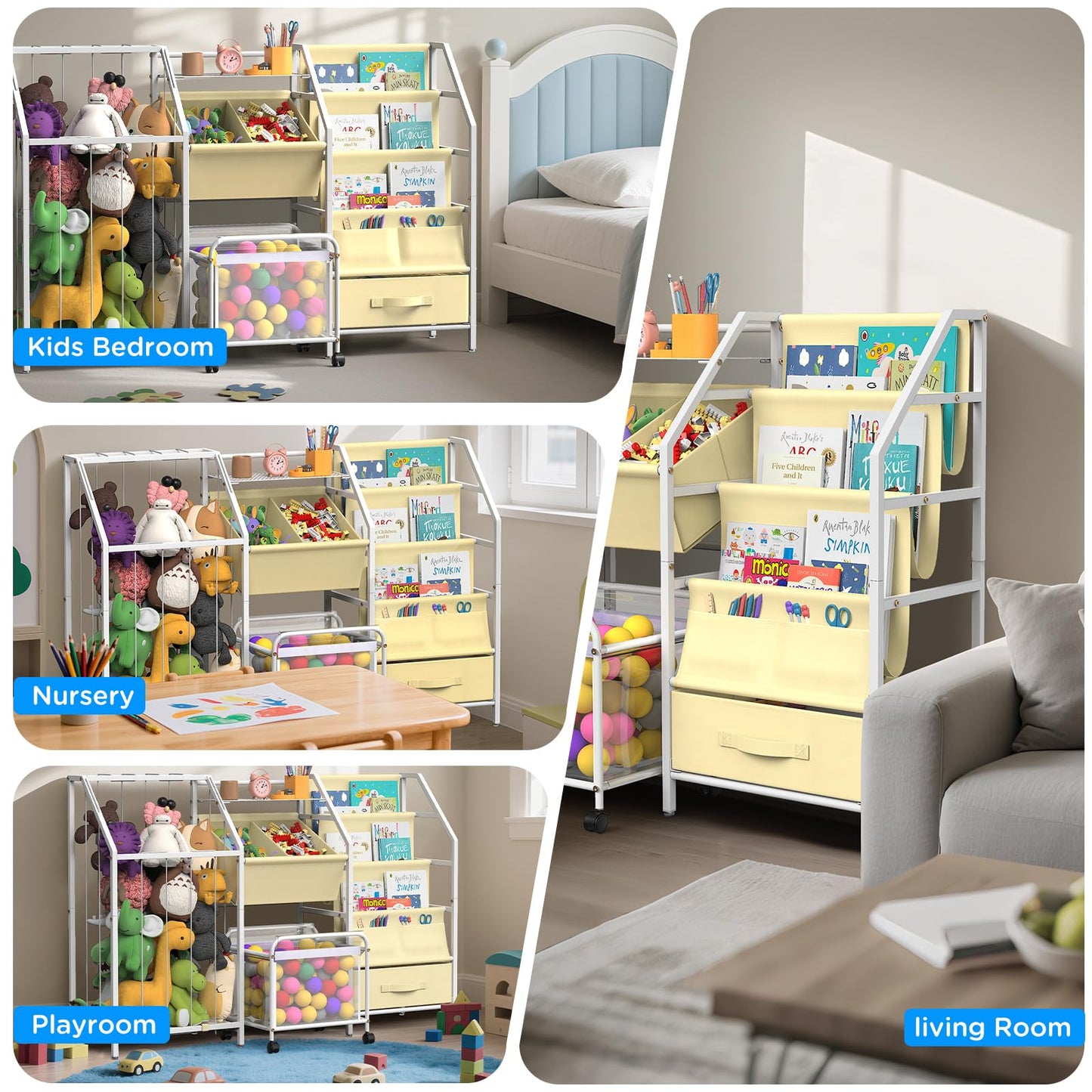 VORTULIUK Kids Bookshelf and Toy Storage, 3 Tier Sling Montessori Bookcase with Toy Organizer & Stuffed Animal Storage, Children Baby Toddler Book Shelf for Kids Rooms Nursery Bedroom Playroom, White