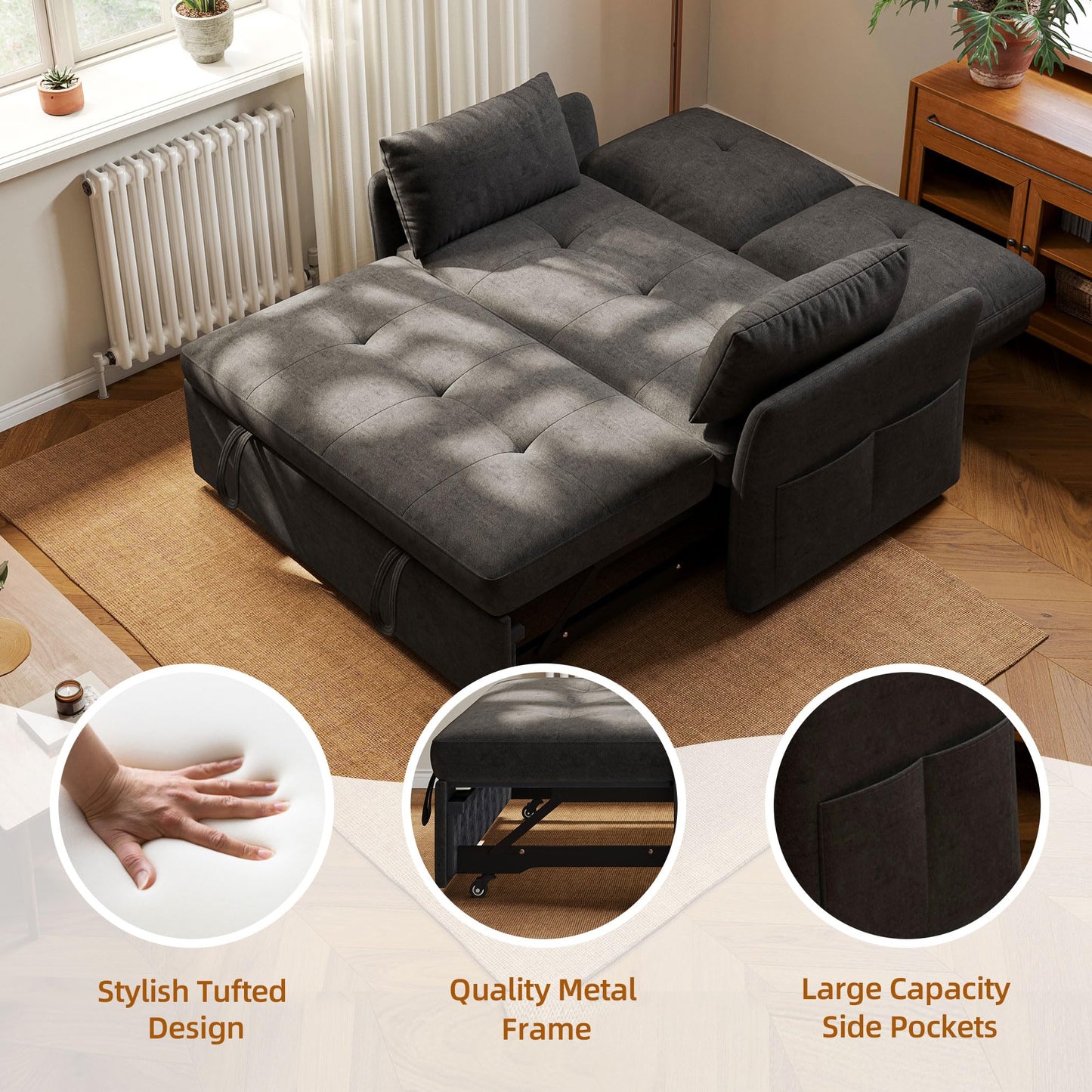 3 in 1 Convertible Sleeper Sofa Bed Tool-Free Assembly, Adjustable Backrest Velvet Pull Out Couch, Small Loveseat Sectional Sofa Bed with Side Pocket, Futon Couches for Living Room, Bedroom, Black