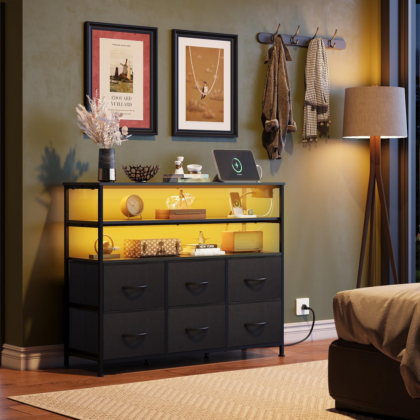 WLIVE Black Dresser for Bedroom, 6 Drawer Dressers with LED Lights and Charging Station, Fabric Chest of Drawers with Open Shelves, LED Storage Dresser for Living Room, Closet