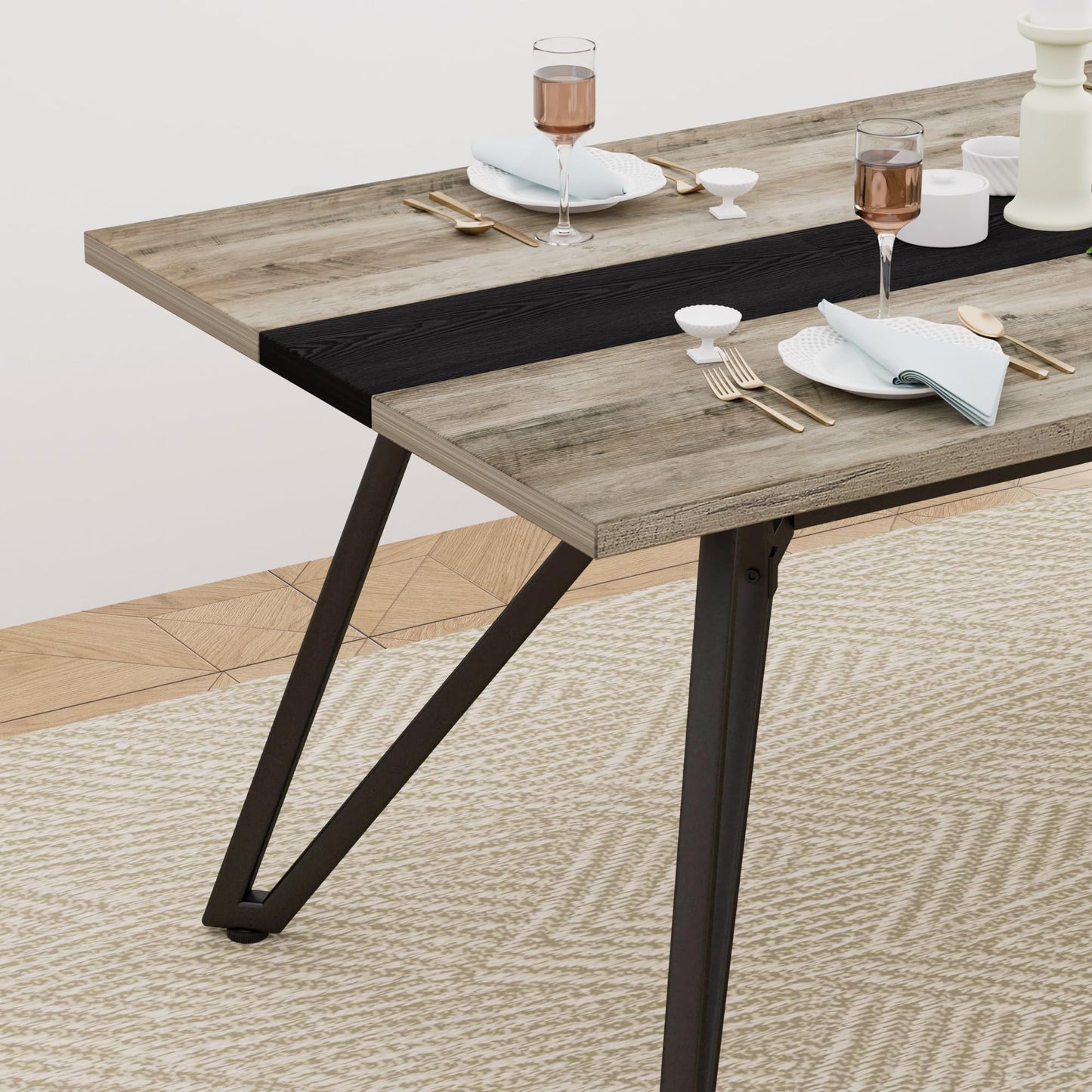 71" Long Dining Table for 6-8 People, Modern Farmhouse Wooden Dining Room Table with Adjustable Metal Legs, Large Rectangular Kitchen Tables for Dinner Party Family Gathering, Grey