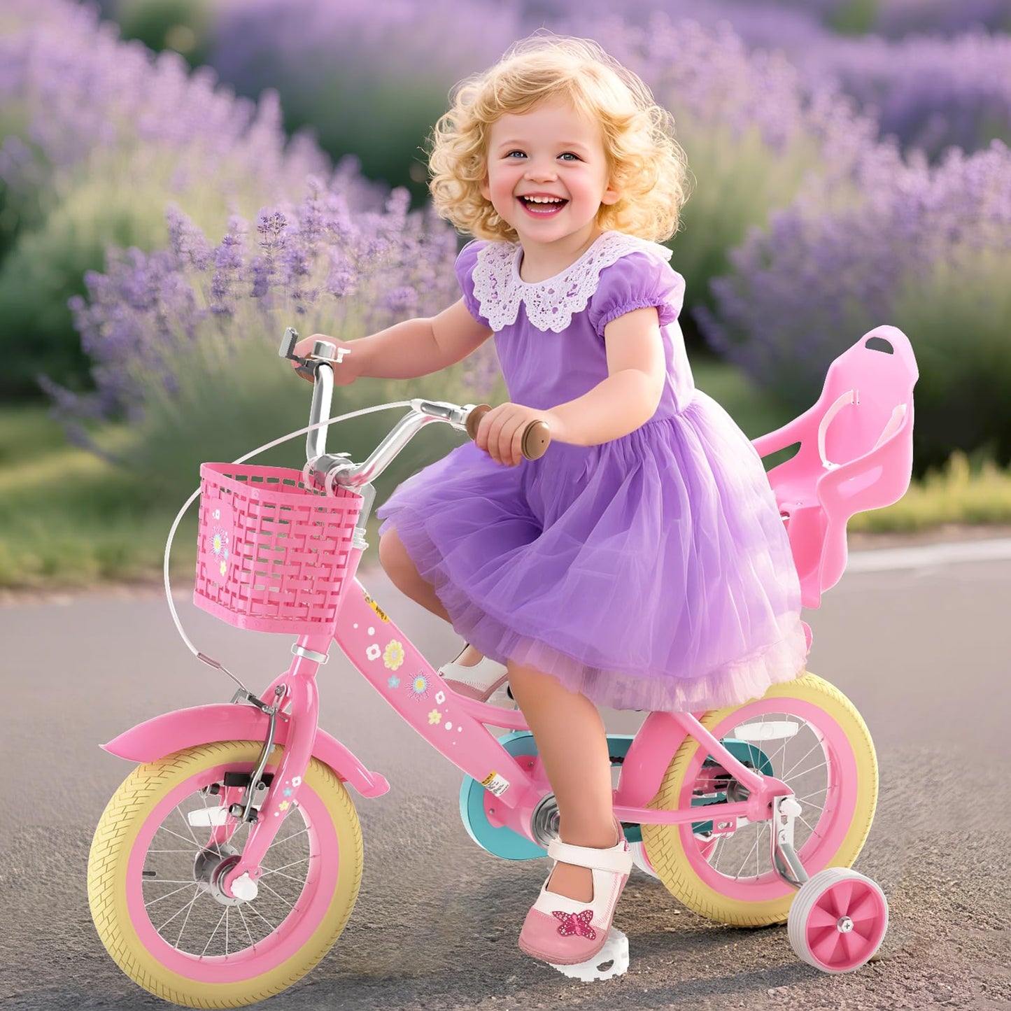 XJD Girls Bike for Toddlers and Kids Ages 2-12 Years Old,12 14 16 Inch Kids Bike with Training Wheels & Basket (12 Inch with Training Wheels, Flower Pink)