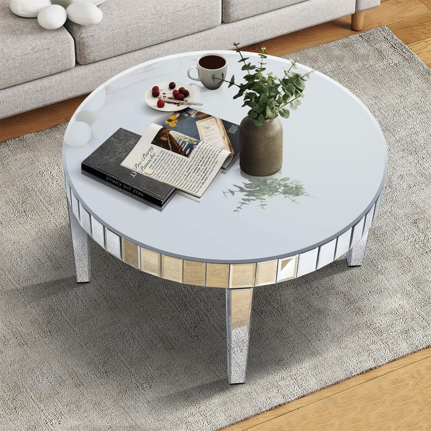 31.5in Round Mirrored Coffee Table, Wood Frame Glass Top Cocktail Coffee Table for Living Room Office, Modern Home Decor Sparkling Circular Sofa Center Table (Silver, 31.3''Lx31.3''Wx17.7''H)
