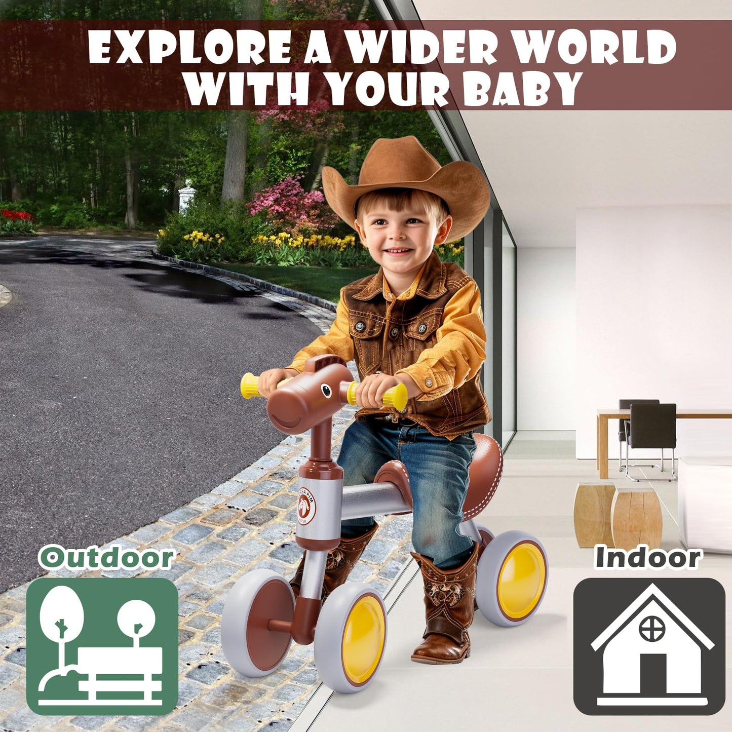 PerKidern Baby Balance Bike for 1-2 Year Old Boy Girl, Unique Horse Design, for 12-24 Months, 4 Wheels Toddler Balance Bike, Baby Bike 1+ Years Boys & Girls First Birthday Gifts