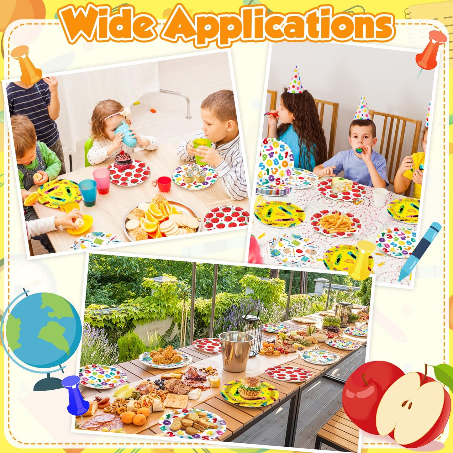 60Pcs Back to School Paper Plates School Theme Apple Number Book Pencil Crayons Disposable Tableware for First and Last Day of School Preschool Kindergarten Graduation Party Supplies Table Decorations