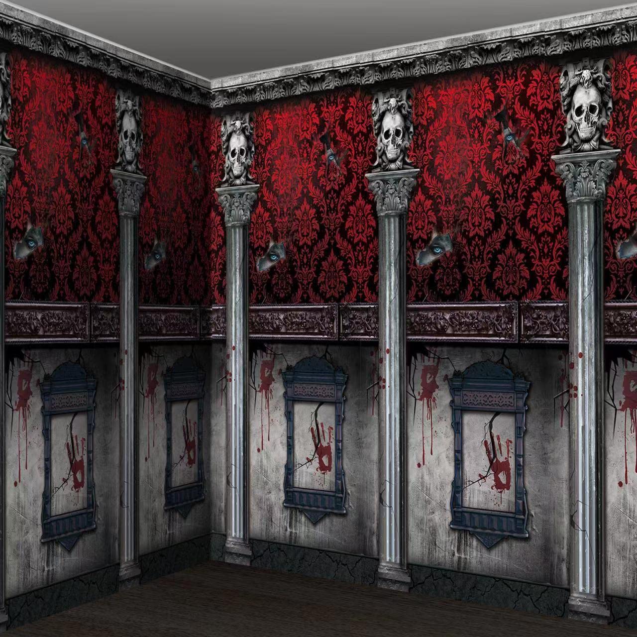 3Pcs Halloween Gothic Mansion Backdrop Decoration, Plastic Halloween Gothic Mansion Room Scene Setters Photography Background Wallpapers for Halloween Haunted House Party Decoration, 54×108 inches