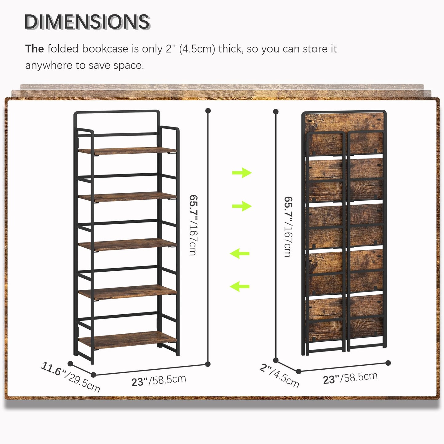 4NM No-Assembly 5 Tiers Folding Bookshelf Storage Shelves Vintage Bookcase Standing Racks Study Organizer Home Office (Rustic Brown Black)