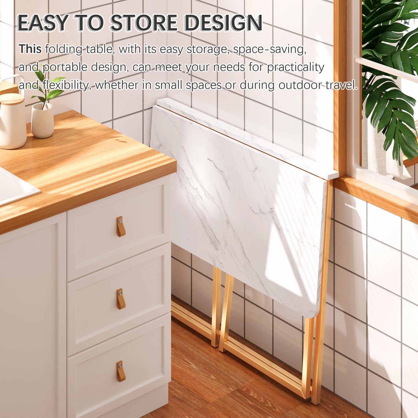 4NM 31.5" Small Folding Desk, Simple Assembly Computer Desk Home Office Desk Study Writing Table for Small Space Offices - White and Golden