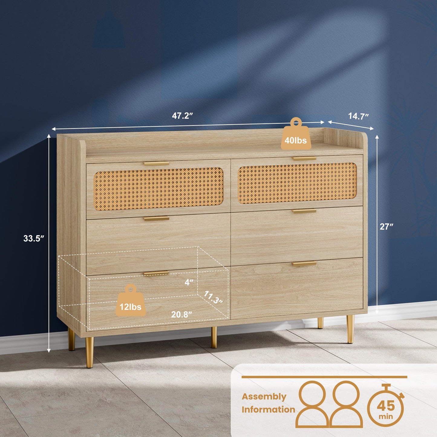 6 Drawer Double Dresser for Bedroom, 47" Wide Modern Chest of Drawers, Wooden Storage Rattan Dresser for Bedroom Living Room Hallway, Oak