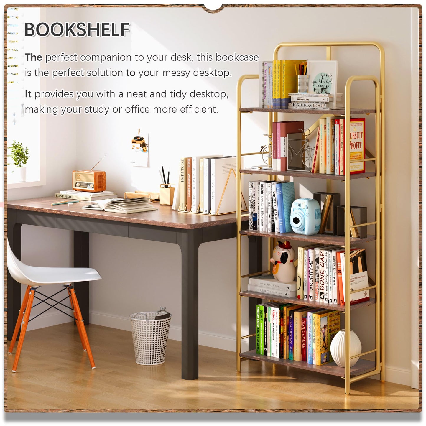4NM No Assembly Folding Bookshelf 5 Tiers Vintage Industrial Gold Book Shelf Metal Foldable Storage Bookcase and Bookshelves for Living Room,Bedroom and Kitchen - Brown