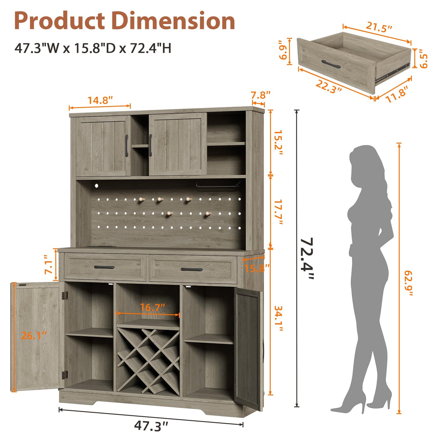 72" Coffee Bar Cabinet with Power Outlet & LED Light, Farmhouse Large Kitchen Hutch with Sliding Barn Door, Tall Bar Cabinets with Storage Drawers & Wine Glass Rack,Pantry China Cabinet for Home,Grey