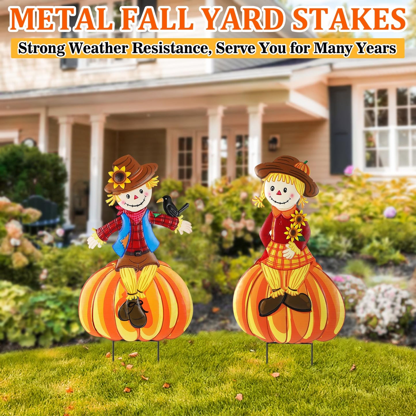2 Pcs Fall Yard Signs Scarecrow Decorations Outdoor, 30"H Metal Thanksgiving Fall Yard Stakes Scarecrow Lawn Decor, Fall Garden Stakes for Patio Pathway Autumn Harvest Outside Decorations (Sitting)
