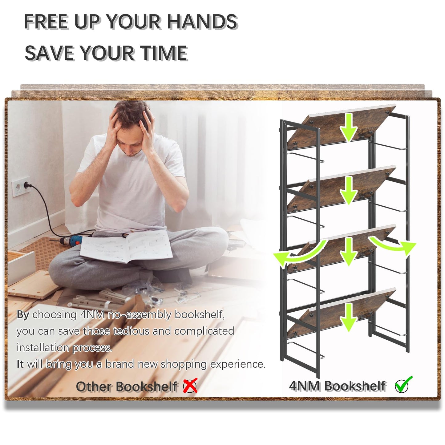 4NM No Assembly 4 Tiers Book Shelves, Black Folding Bookshelf Bookcase Open Industrial Foldable Shelves for Bedroom, Living Room, Home Office - Rustic Brown Black