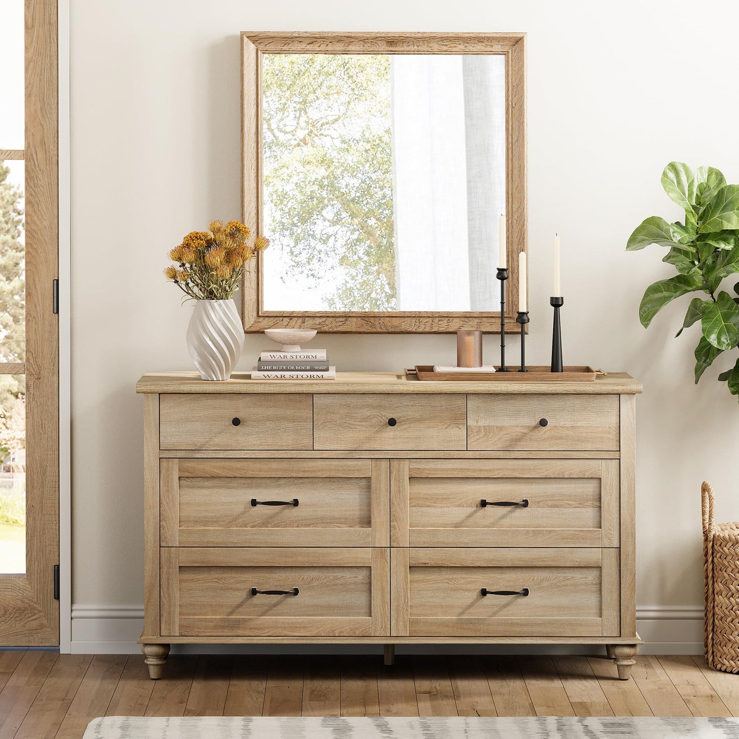 WAMPAT Wide Kids Dresser with 7 Drawers for Bedroom, Farmhouse Baby Dresser for Nursery & Kids Room, Wooden Chests & Dressers Closet Organizer for Children's Bedroom, 54 Inch, Oak