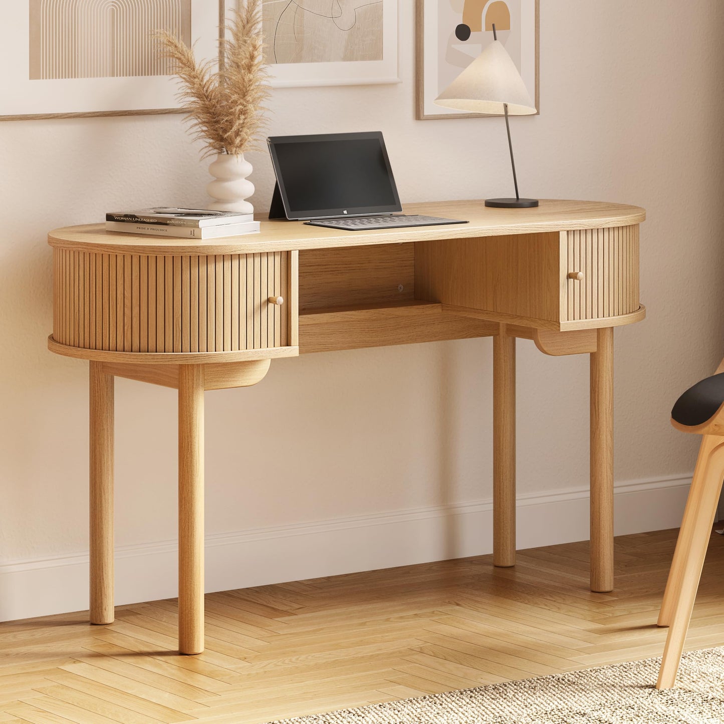 WERMO 51'' Small Wood Writing Desk and Makeup Vanity Desk with Storage and Sliding Doors - Narrow Computer and Work Table for Home Office, Modern Vanity, Oak Dressing Table for Bedroom (Oak)