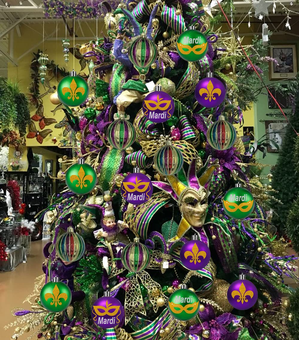 24 PCS Mardi Gras Tree Hanging Ball Ornaments-2.36 Inch Mardi Gras Shatterproof Ball-Purple Green Gold Tree Ornaments for Mardi Gras New Orleans Masquerade Party Decoration