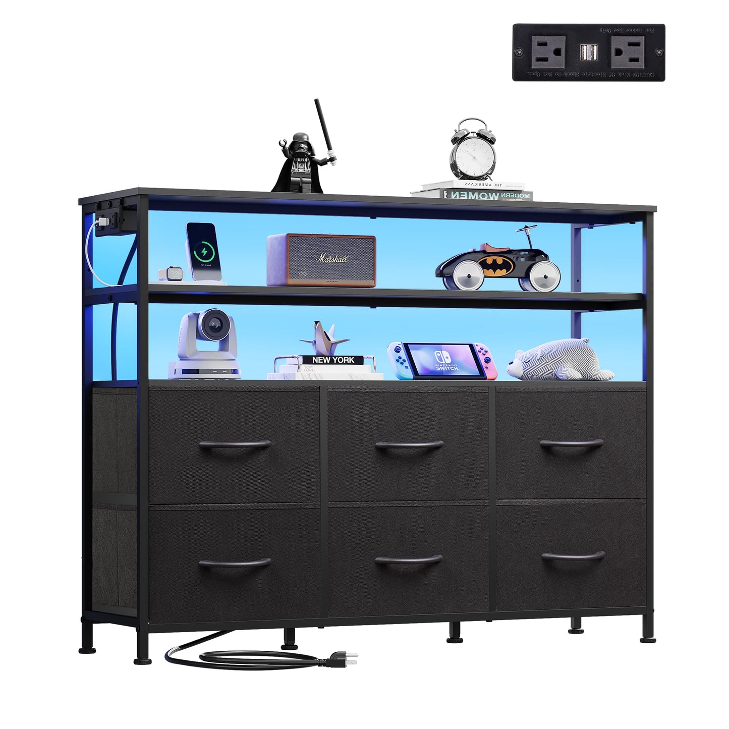 WLIVE Black Dresser for Bedroom, 6 Drawer Dressers with LED Lights and Charging Station, Fabric Chest of Drawers with Open Shelves, LED Storage Dresser for Living Room, Closet