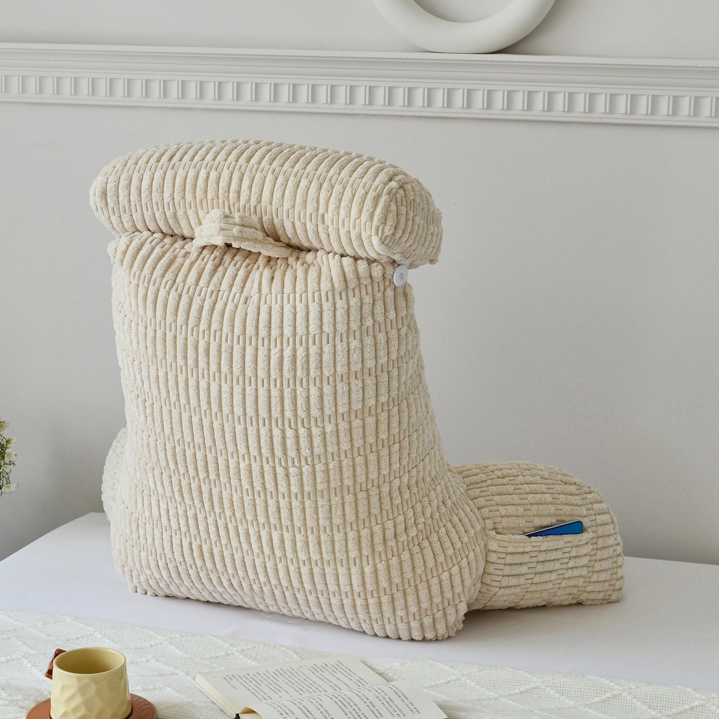 WERDIM Reading Pillow with Detachable Neck Roll, Large Back Pillow for Sitting Up in Bed Couch, Adult Bed Rest Pillow with Arms for Reading/Watching TV/Gaming, Beige