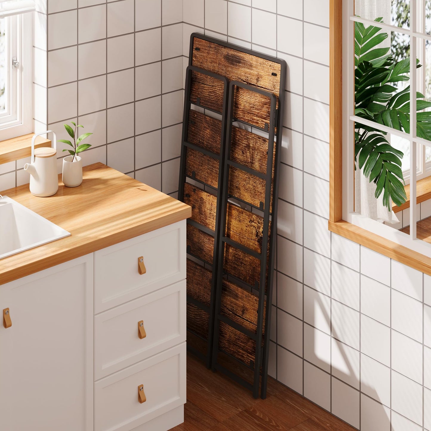 4NM No-Assembly 4 Tiers Folding Bookshelf Storage Shelves Vintage Bookcase Standing Racks Study Organizer Home Office (Rustic Brown and Black)