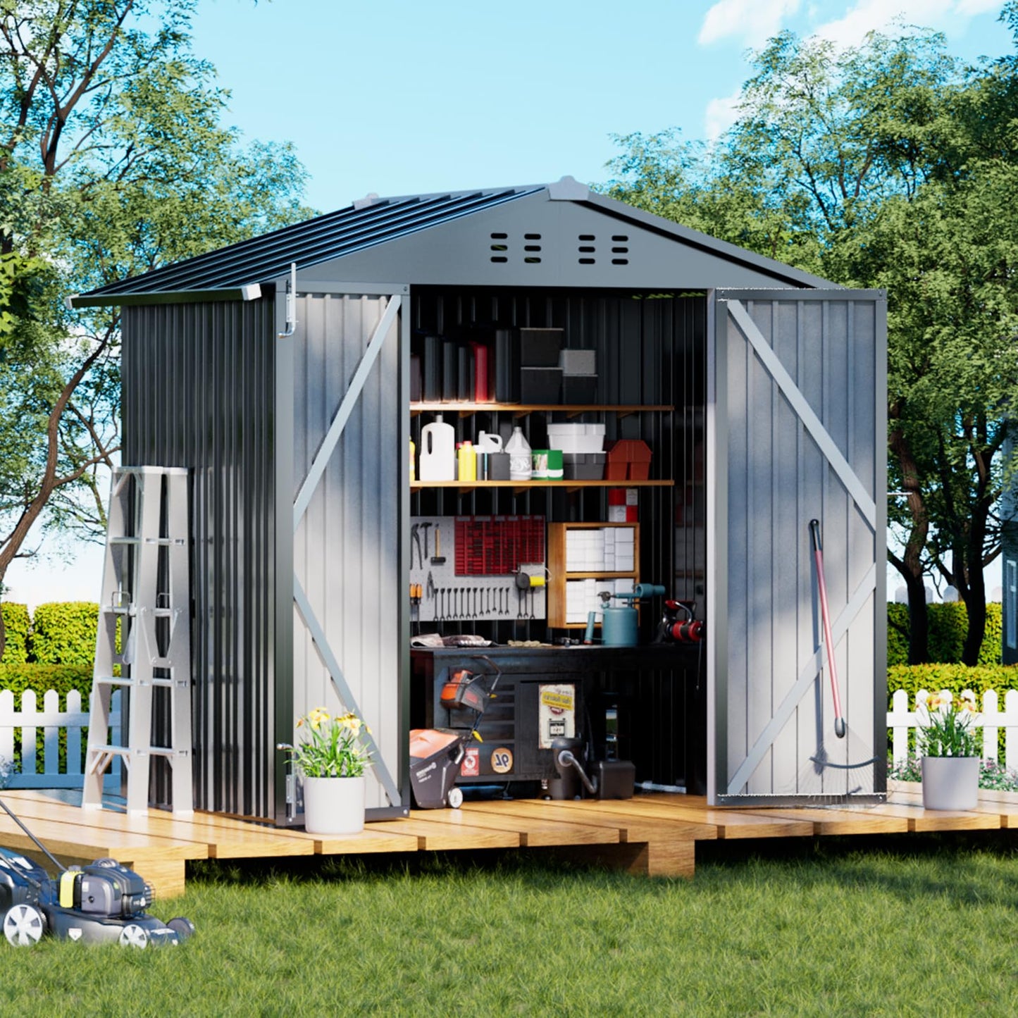 COMHOMA Shed Outdoor Storage Shed Metal,Lockable Doors Tool Sheds with Sloping Roof,Steel Garden Shed with Air Vent for Backyard,Patio,Lawn,Poolside (Grey, 6x4)