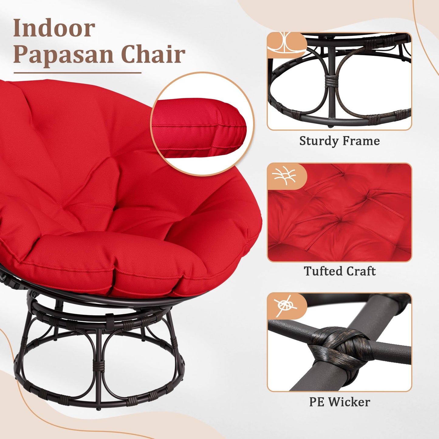 46" Papasan Chair with Cushion and Frame, Ergonomic Wicker Papasan Circle Chair for Living, Bedroom, Reading Room, Lounge