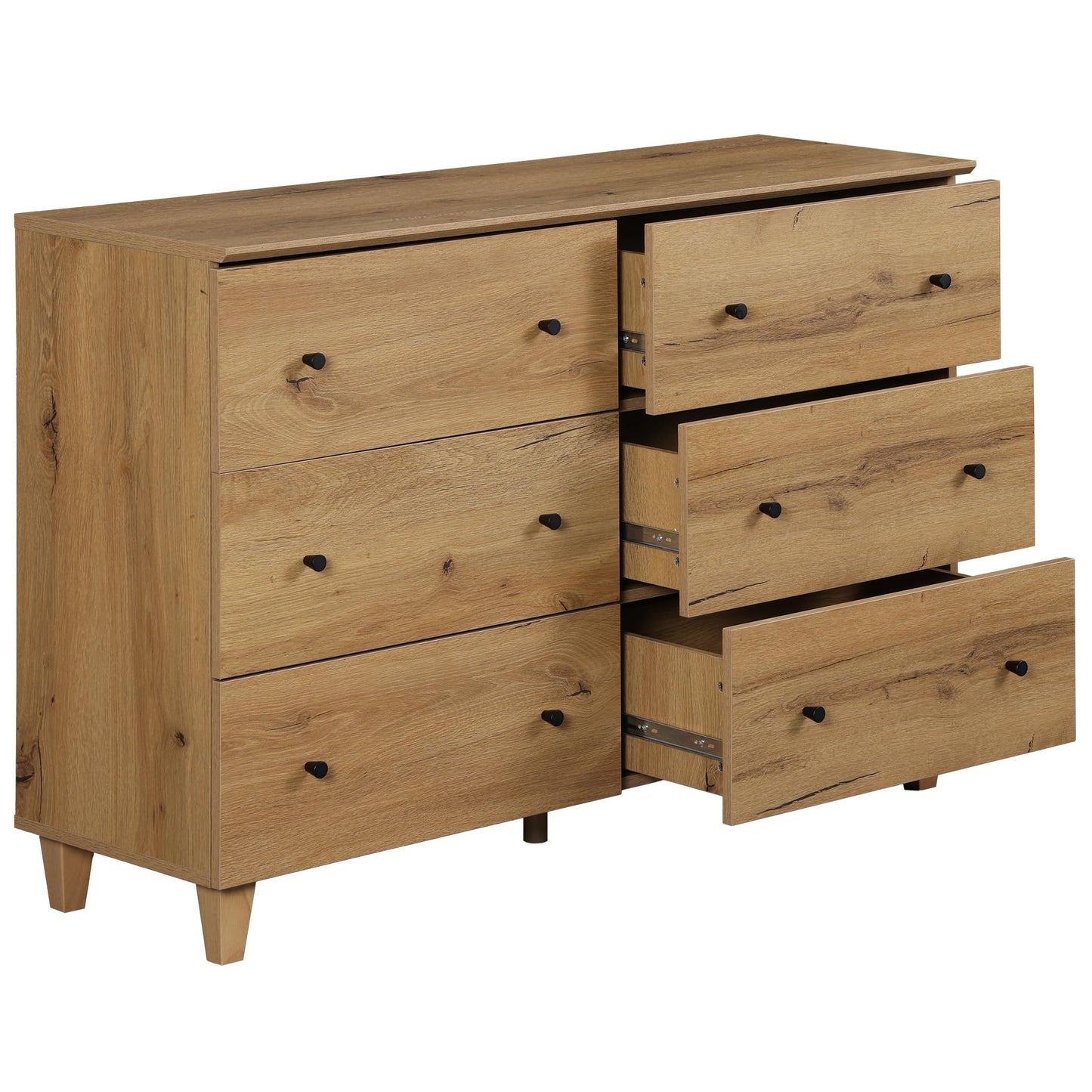 WAMPAT Dresser with 6 Drawers for Bedroom, Wooden Kids Dressers with Wide Chest of Drawers, Modern Closet Storage Organizer Furniture with Solid Wood Legs for Living Room, Hallway, Nursery, Oak Brown