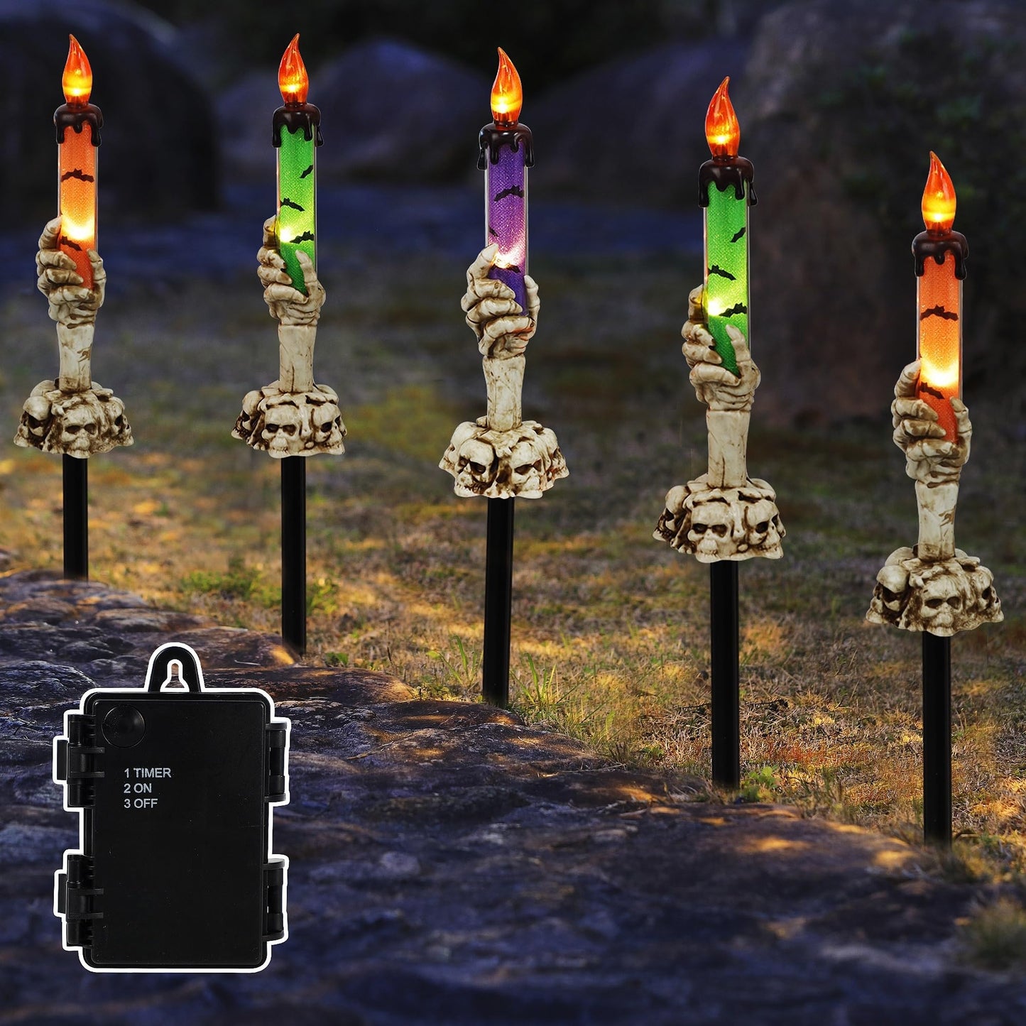 LJLNION Halloween Decorations, 5 Pack Halloween Garden Stake Lights, Tabletop Candle Light with Skeleton Ghost Hand, Waterproof & Battery Operated, Light Up Yard Stakes for Indoor/Outdoor Garden Decor