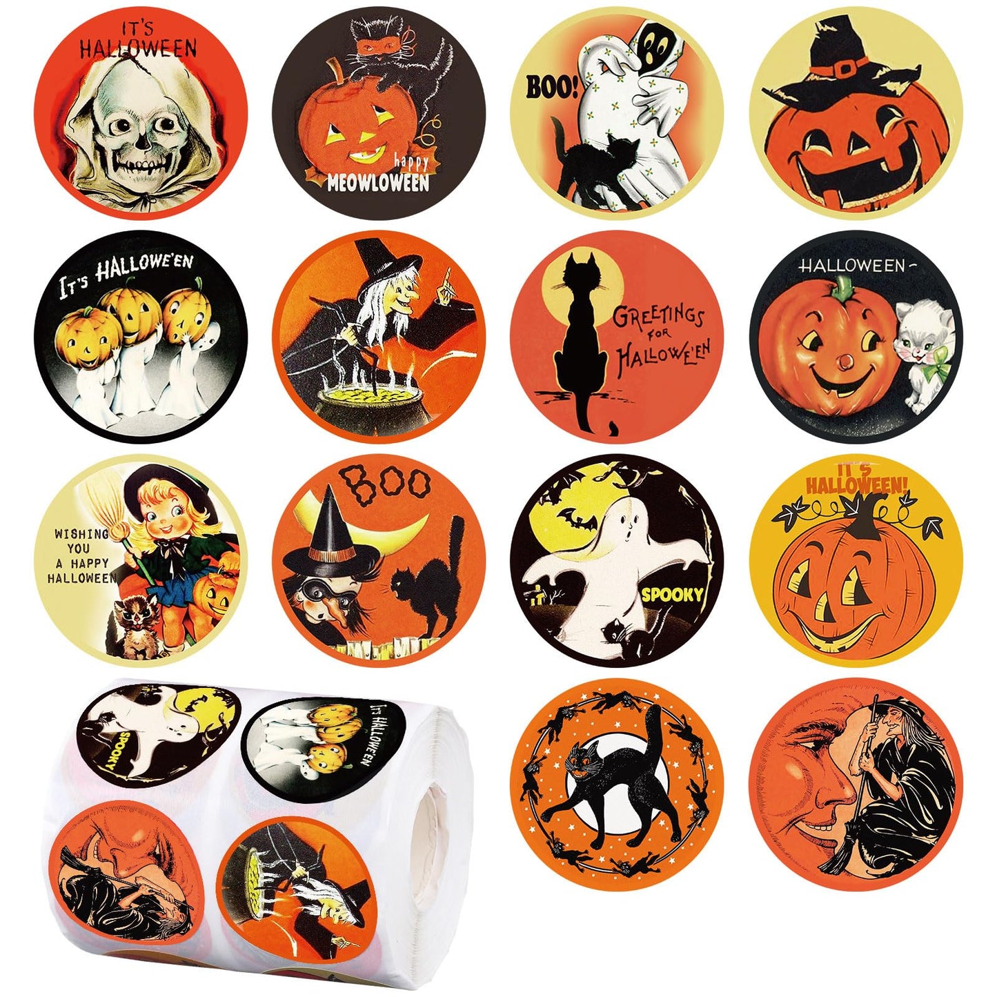 Whaline 1000Pcs Halloween Stickers Roll Retro Halloween Characters Decal Sticker Grimace Pumpkin Witch Ghost Pattern Sealing Labels Round Adhesive Sticker for Halloween Party Favors Decor, 14 Design