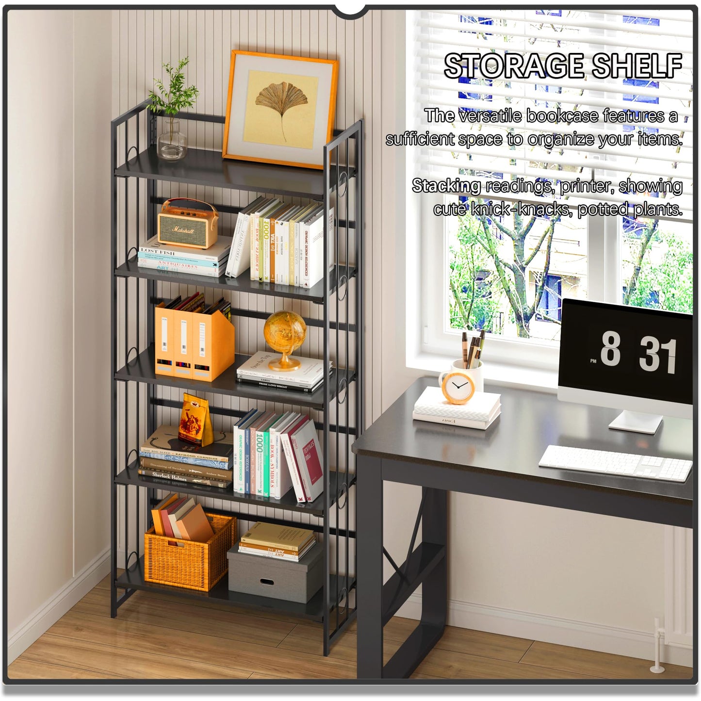 4NM No-Assembly 5 Tiers Folding Bookshelf Storage Shelves Vintage Bookcase Standing Racks Study Organizer Home Office - All Black