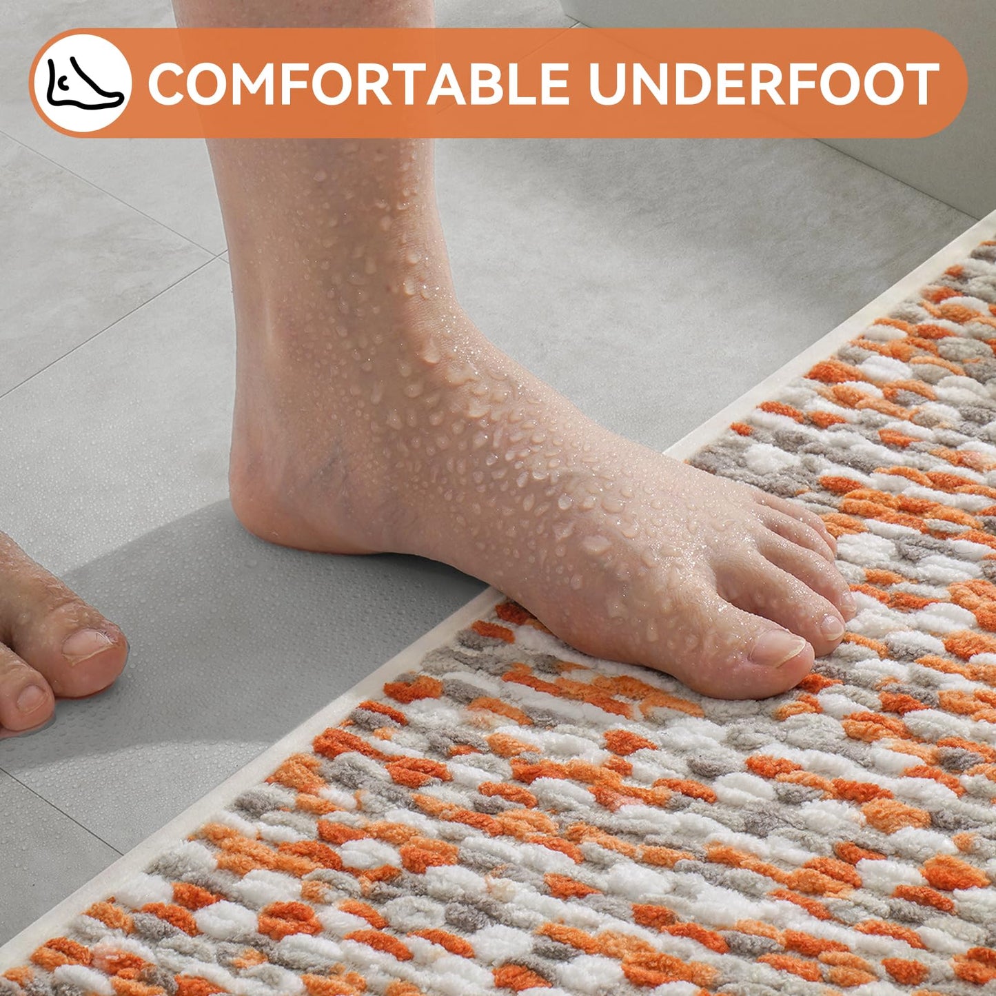 YDKGL Bathroom Rugs Non Slip Washable Bath Rugs Super Absorbent Chenille Bath mats for Bathroom Thin Bath Mats for Bathroom Mat Quick Dry Bath Mat Low Pile Bath Rug,Orange 20x32