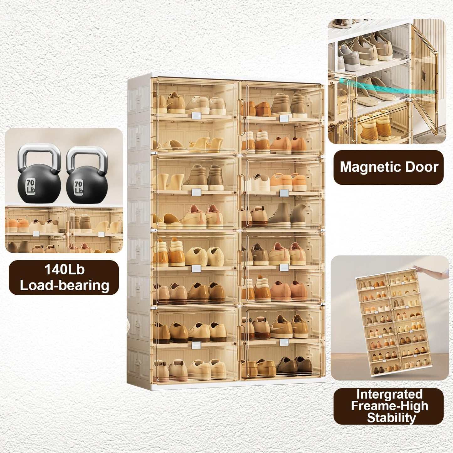wesimple 32 Pairs Shoes Storage Cabinet of 3-Step Fast Installation,Plastic Shoe Box with Clear Magnetic Door for Display, Shoe Organizer for Sneaker, Sandals, Heels (2 Row, 8 Tier)