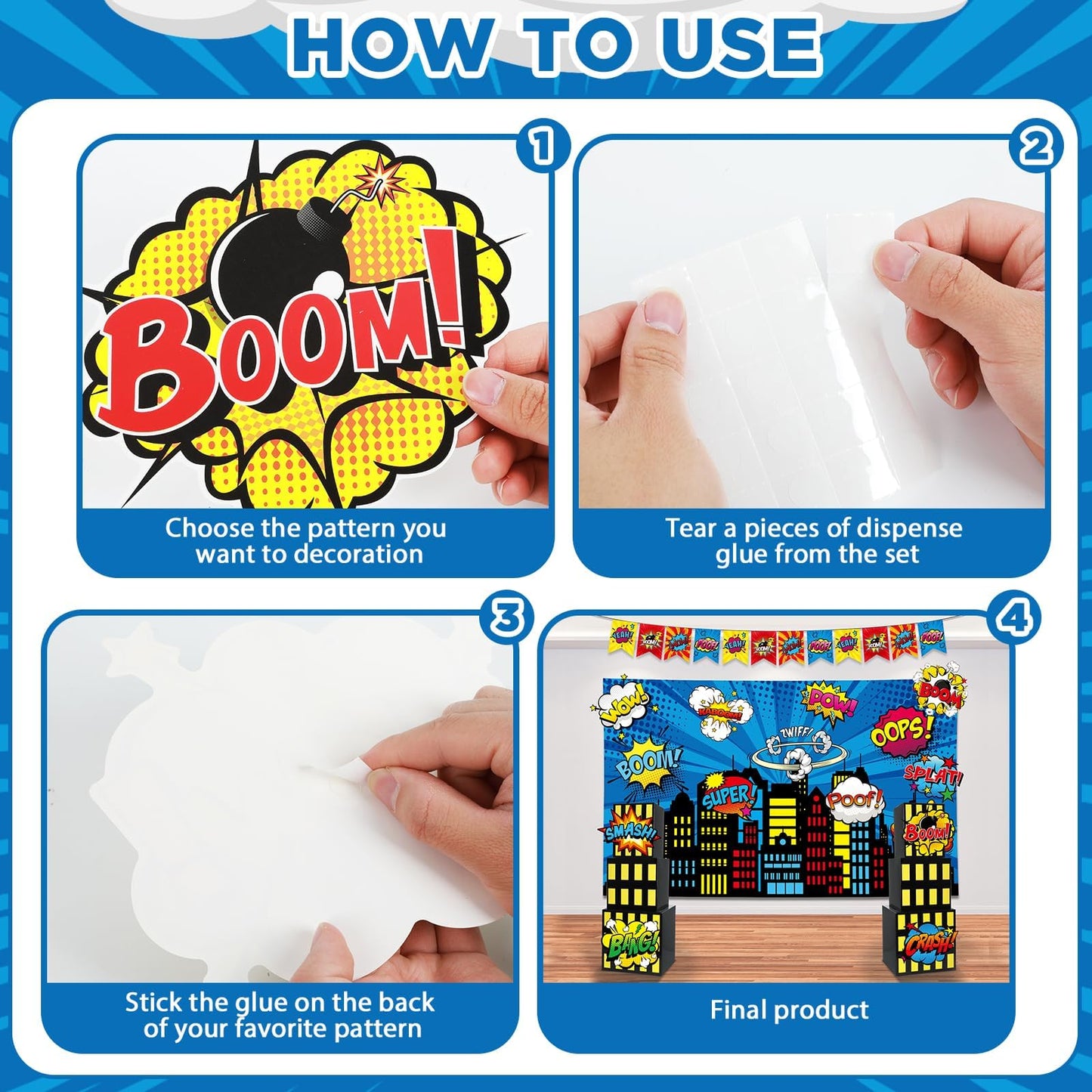 17Pcs Super Theme Hero Party Photography Backdrop for Hero Birthday Decorations with Hero Background Skyscraper City Boxes Hero Cutouts Super Banner for Super Theme Hero Birthday Party Supplies