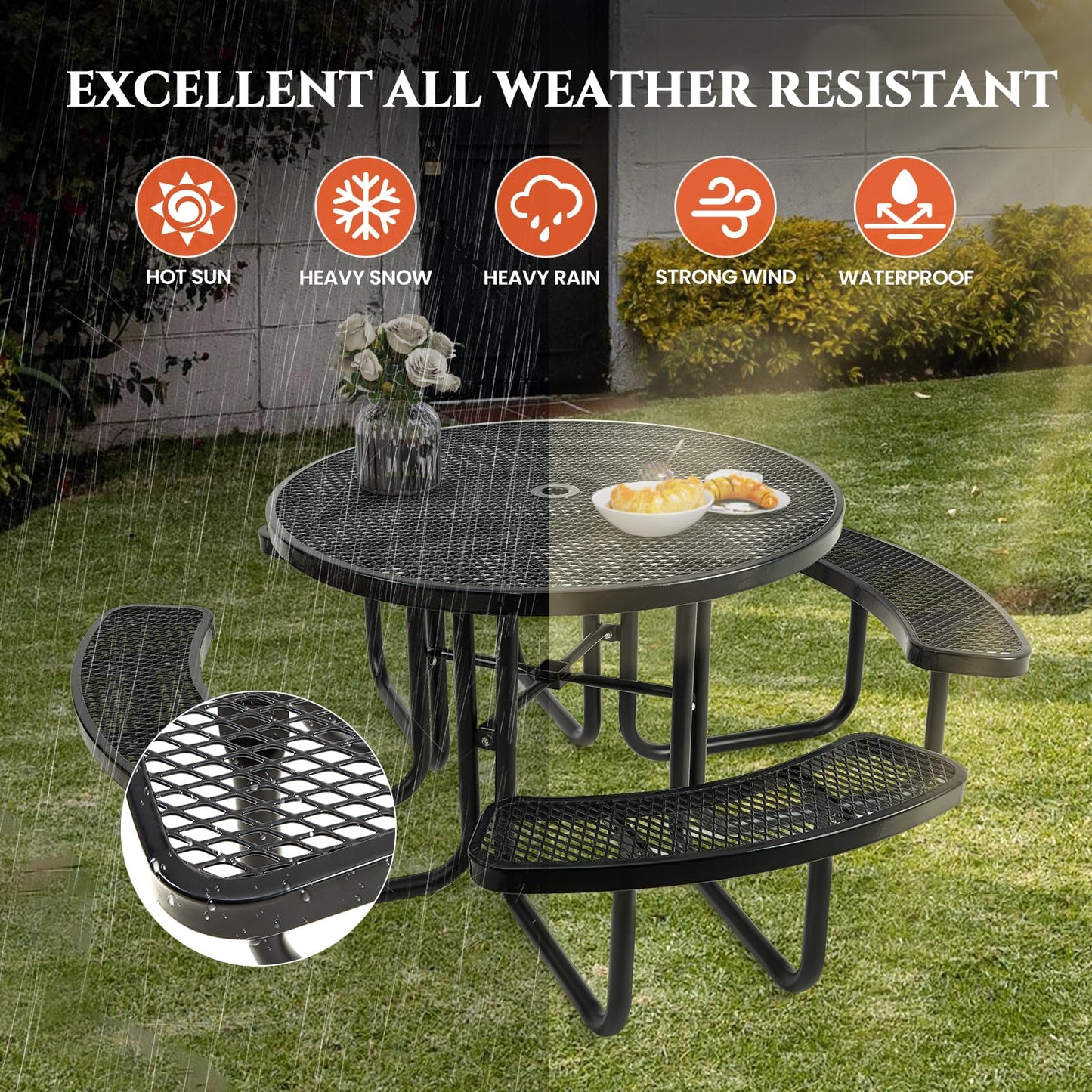 46" Round Top Outdoor Picnic Table Set for Up to 8 Persons, Outside Table Set with 4 Built-in Benches, Metal Commercial-Grade Dining Furniture with Umbrella Hole for Garden, Backyard, Porch, Patio