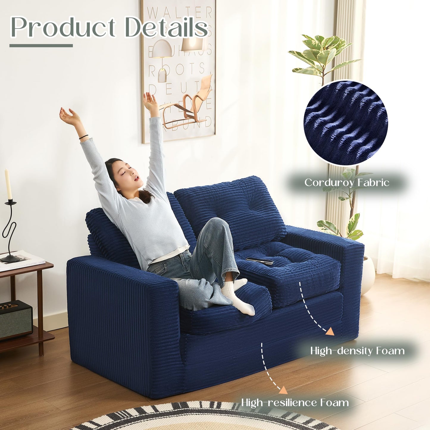 Afuson 61" Convertible Sofa Bed, Pull Out Loveseat Sleeper Sofa, 3 in 1 Folding Futon Bed, Fold Out Floor Bed Sofa with Pillows for Living Room Bedroom Lounge Guest Room, Corduroy, Blue