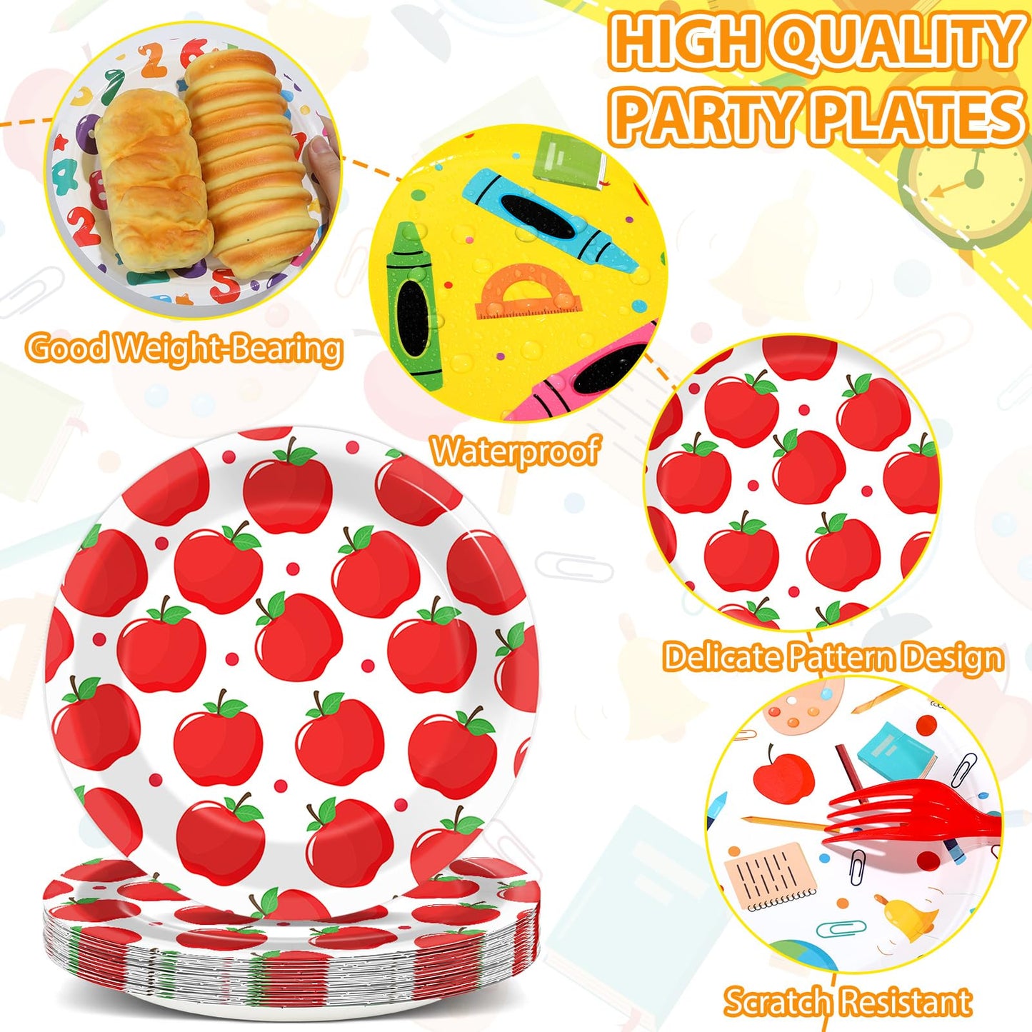 60Pcs Back to School Paper Plates School Theme Apple Number Book Pencil Crayons Disposable Tableware for First and Last Day of School Preschool Kindergarten Graduation Party Supplies Table Decorations