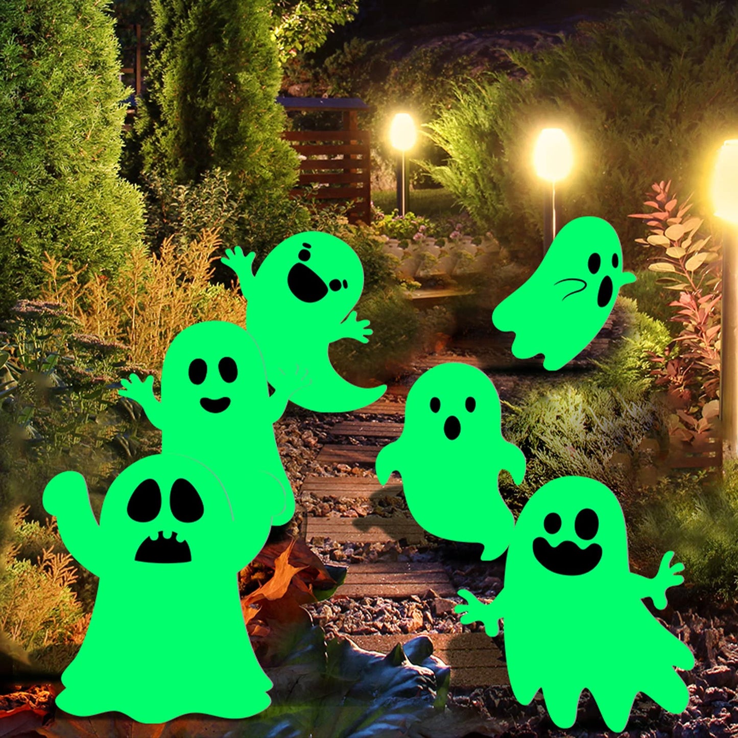 6 Pcs Halloween Yard Stakes Glow in The Dark with Green Fluorescent Layer Waterproof Plastic Cute Outdoor Sign Halloween Decorations for Lawn Patio Yard Garden Decoration (Ghost)