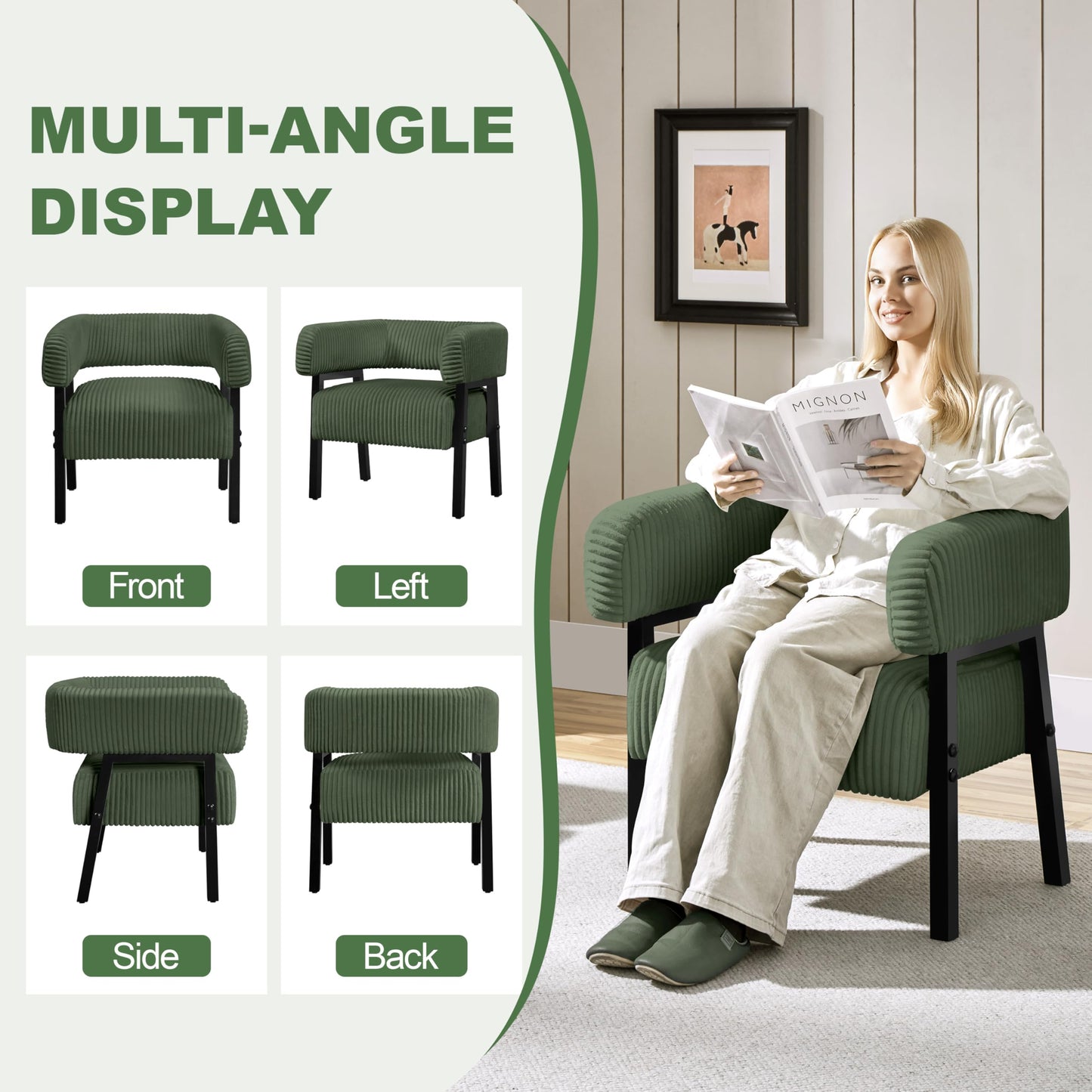 Yaheetech Corduroy Barrel Accent Chair Set of 2, Modern Upholstered Armchair with Solid Wood Legs, Cozy Leisure Chair with Pocket Coiled Seat for Living Room, Bedroom, Reading Nook Dark Green