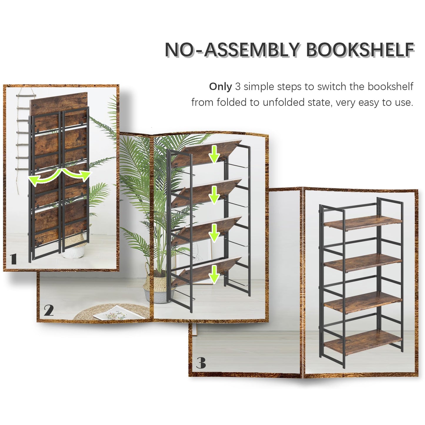 4NM No Assembly 4 Tiers Book Shelves, Black Folding Bookshelf Bookcase Open Industrial Foldable Shelves for Bedroom, Living Room, Home Office - Rustic Brown Black