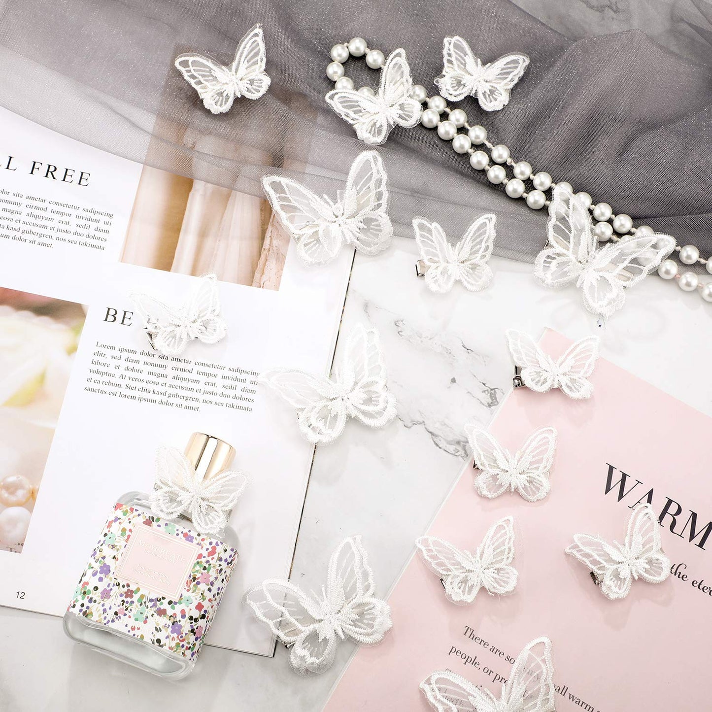 WILLBOND 18 Pieces Butterfly Hair Clip Halloween Lace Bows Embroidery Butterfly Hair Pins Accessories for Halloween Cosplaying Women, 2 Sizes(White)